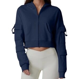 Qinsen Navy Blue Cropped Hoodie Women's XS
